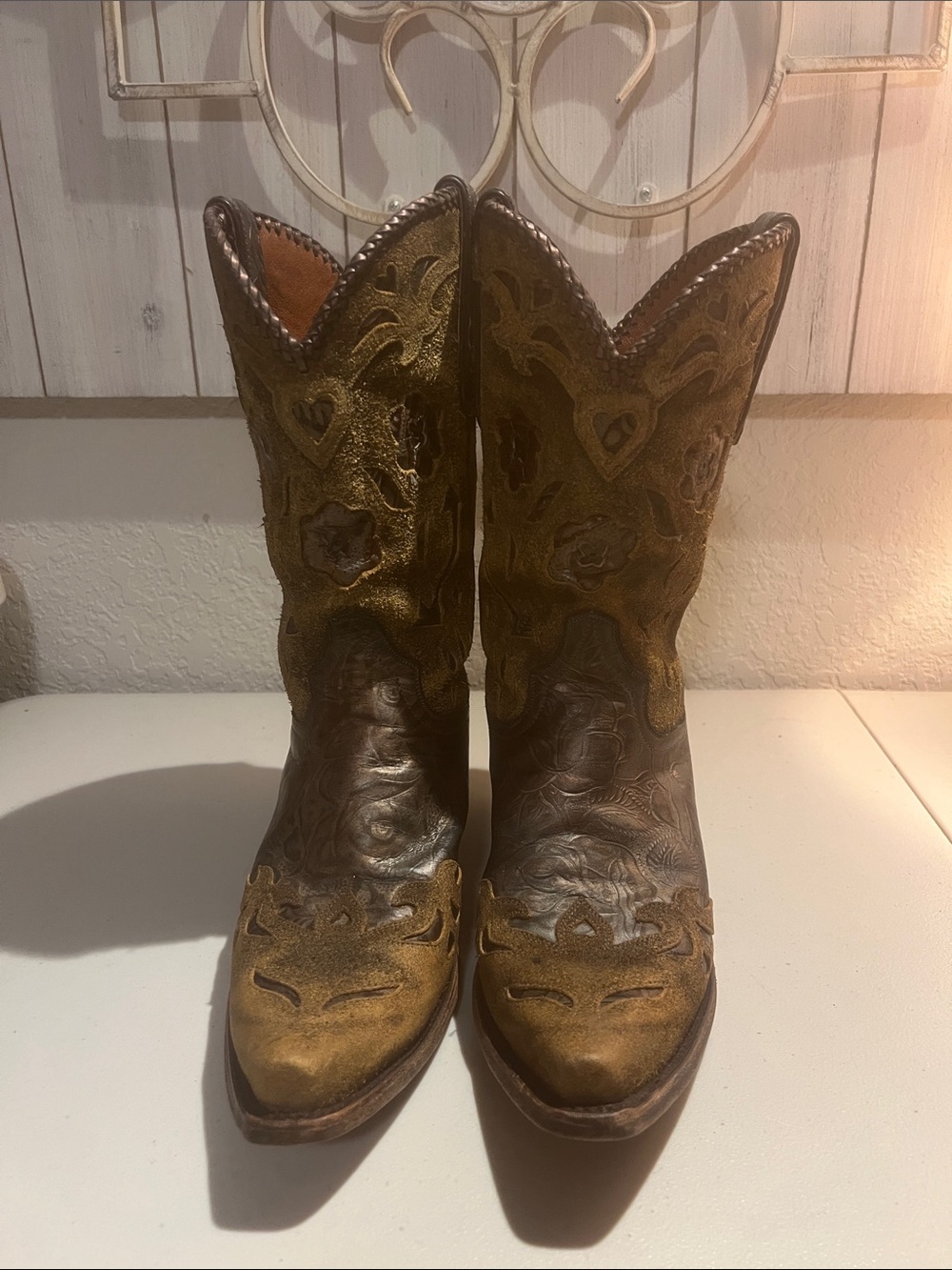 Dan Post Vintage Sand Suede Copper Leather Cowboy Boots